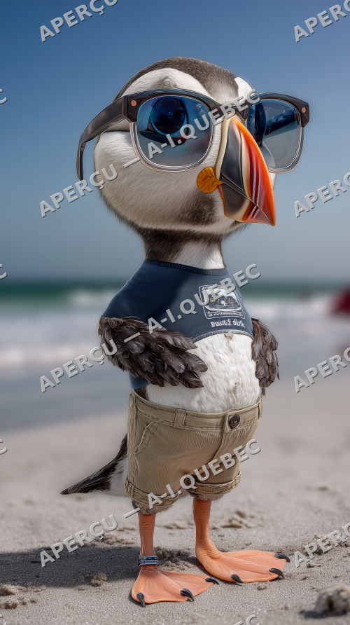 A Wonderful Puffin at the Beach with Sunglasses Walking Confidently