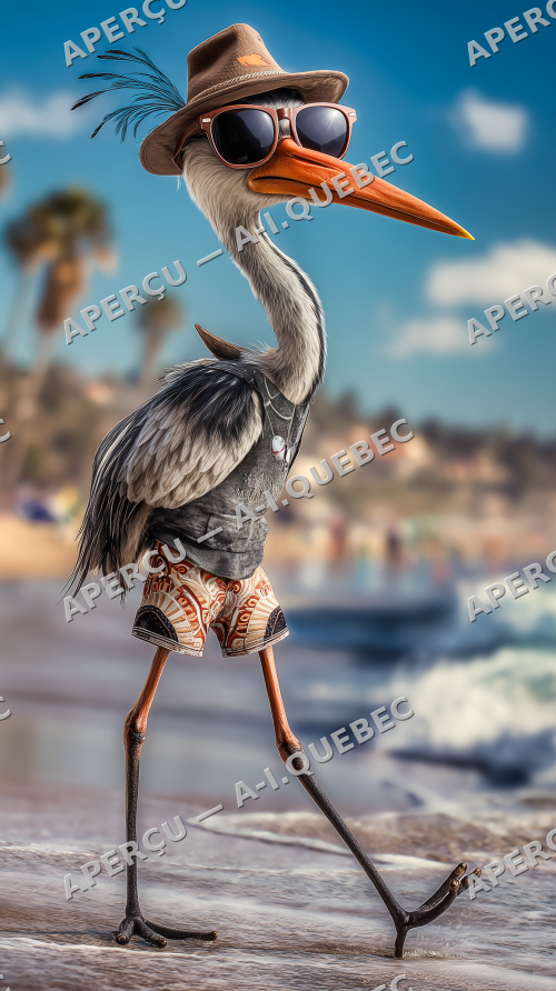 A Big Bird with a Hat and Clothes Walking on the Beach
